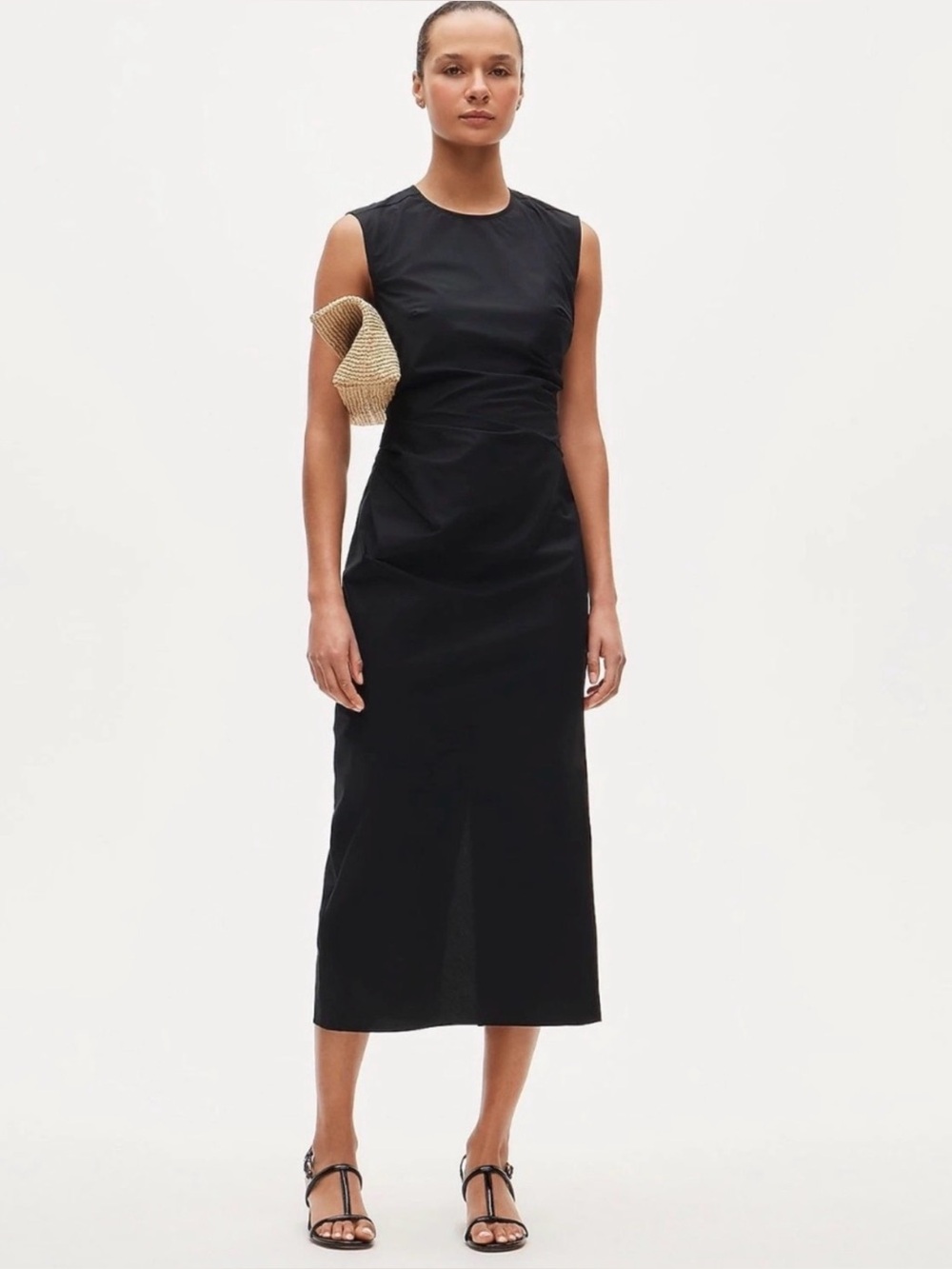 NWT J.Crew Ruched Midi Dress in Stretch Cotton-Blend Poplin Black 4 CV542